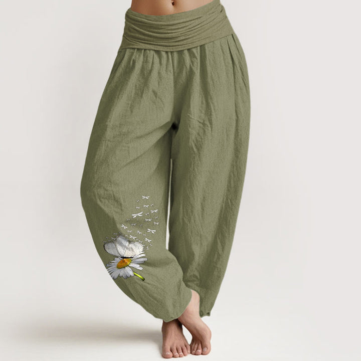Buddha Stones Pantaloni harem da donna in puro cotone con elastico in vita e motivo a margherite, farfalle e libellule - Verde oliva - US16, UK/AU20, EU48 (3XL) - image 0