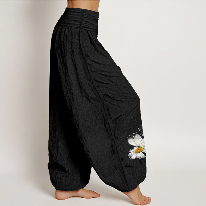 Buddha Stones Pantaloni harem da donna in puro cotone con elastico in vita e motivo a margherite, farfalle e libellule - image 7