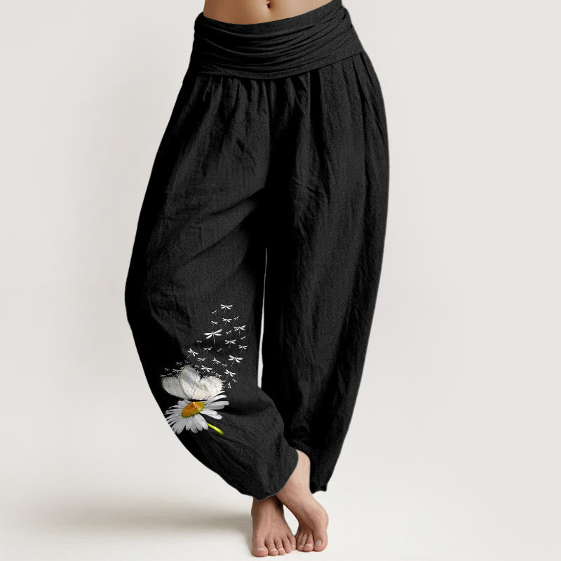 Buddha Stones Pantaloni harem da donna in puro cotone con elastico in vita e motivo a margherite, farfalle e libellule - Nero - US16, UK/AU20, EU48 (3XL) - image 5