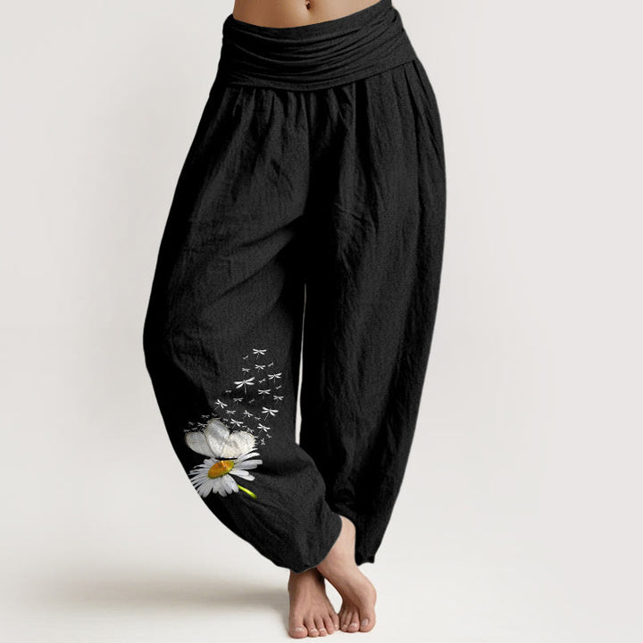 Buddha Stones Pantaloni harem da donna in puro cotone con elastico in vita e motivo a margherite, farfalle e libellule - Nero - US16, UK/AU20, EU48 (3XL) - image 5