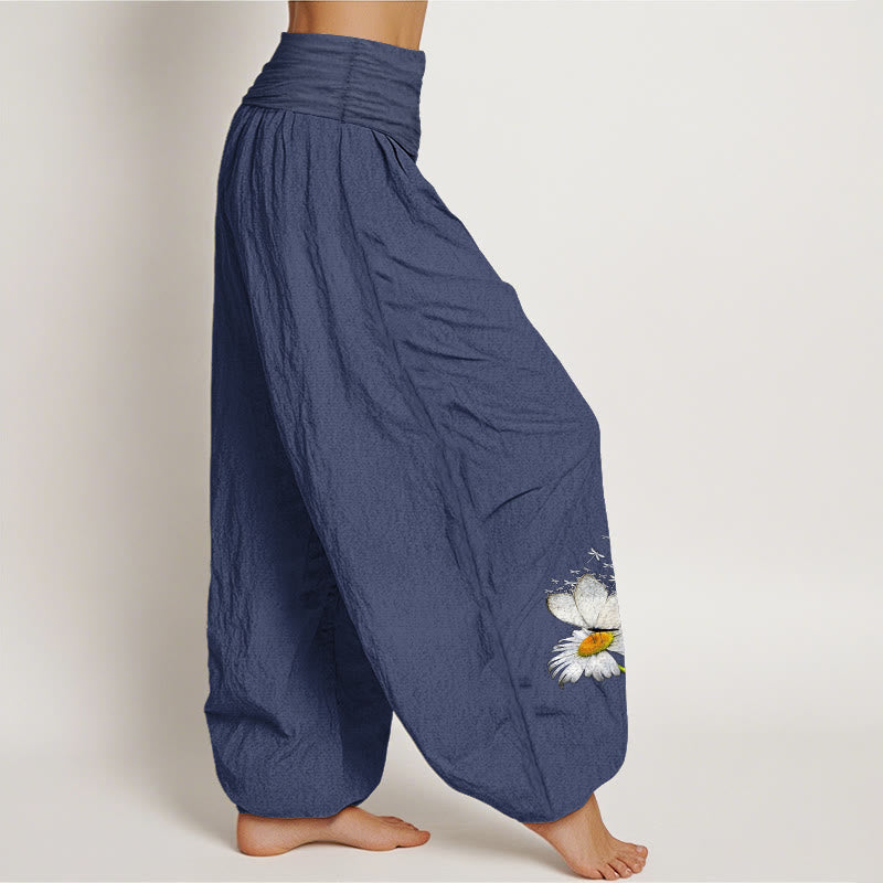 Buddha Stones Pantaloni harem da donna in puro cotone con elastico in vita e motivo a margherite, farfalle e libellule - image 10