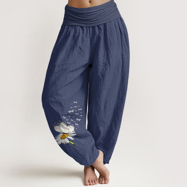 Buddha Stones Pantaloni harem da donna in puro cotone con elastico in vita e motivo a margherite, farfalle e libellule - DarkSlateBlue - US16, UK/AU20, EU48 (3XL) - image 8