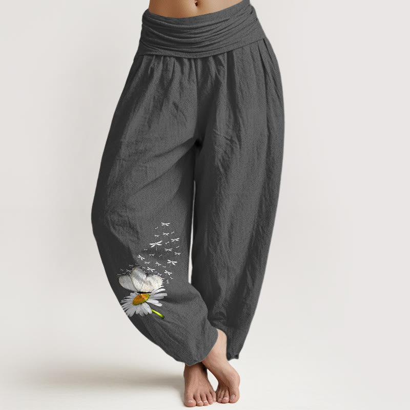 Buddha Stones Pantaloni harem da donna in puro cotone con elastico in vita e motivo a margherite, farfalle e libellule - Grigio scuro - US16, UK/AU20, EU48 (3XL) - image 11