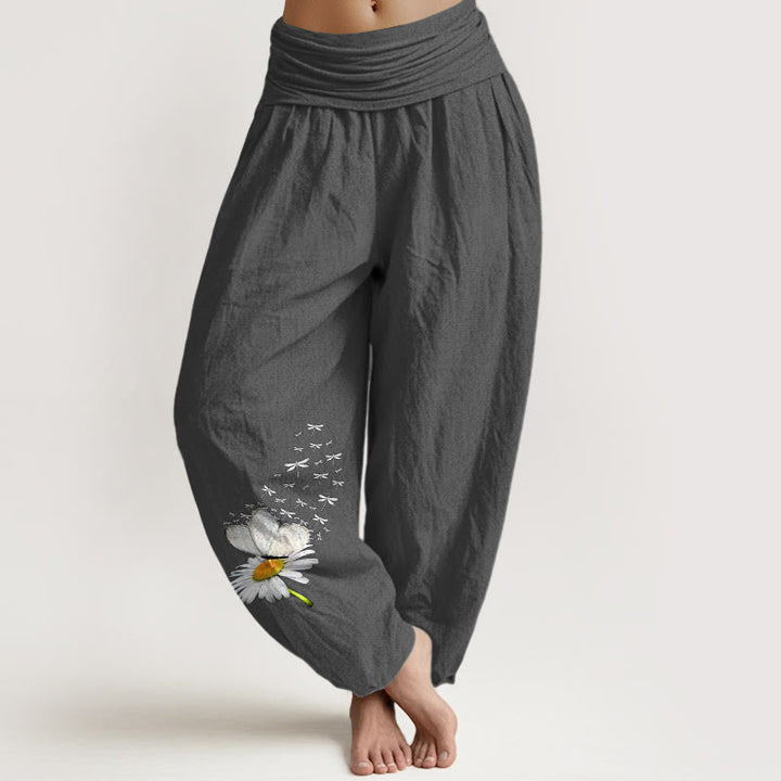 Buddha Stones Pantaloni harem da donna in puro cotone con elastico in vita e motivo a margherite, farfalle e libellule - Grigio scuro - US16, UK/AU20, EU48 (3XL) - image 11