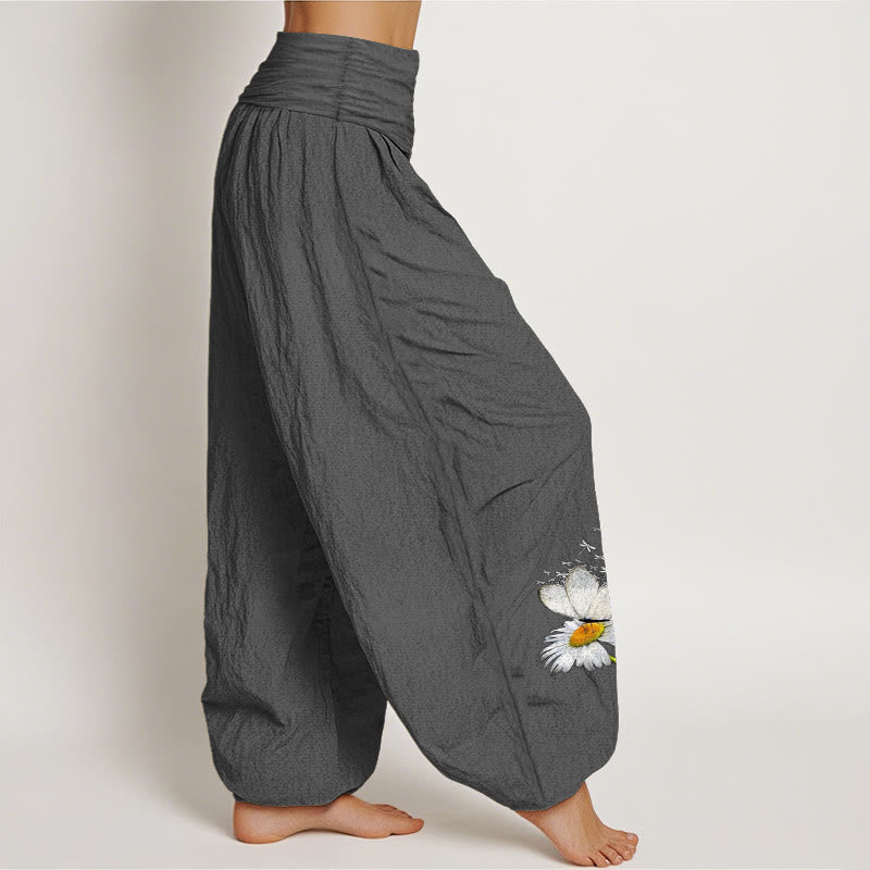 Buddha Stones Pantaloni harem da donna in puro cotone con elastico in vita e motivo a margherite, farfalle e libellule - image 13