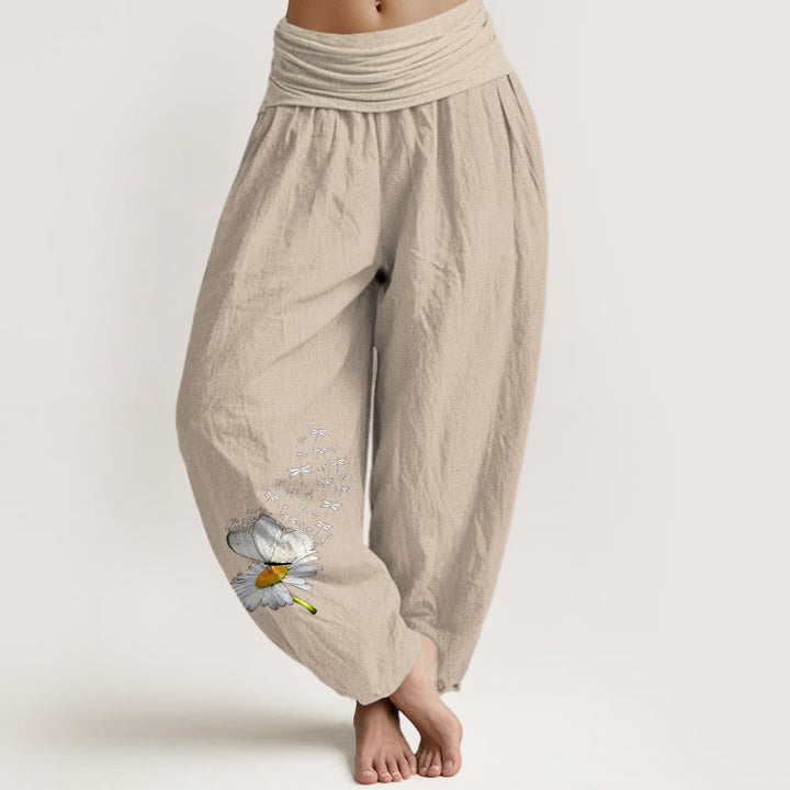 Buddha Stones Pantaloni harem da donna in puro cotone con elastico in vita e motivo a margherite, farfalle e libellule - Abbronzatura - US16, UK/AU20, EU48 (3XL) - image 14