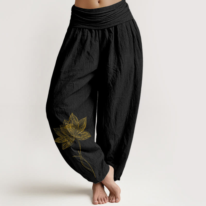 Buddha Stones Pantaloni harem da donna in puro cotone con elastico in vita e motivo a fiori di loto - Nero - US16, UK/AU20, EU48 (3XL) - image 0