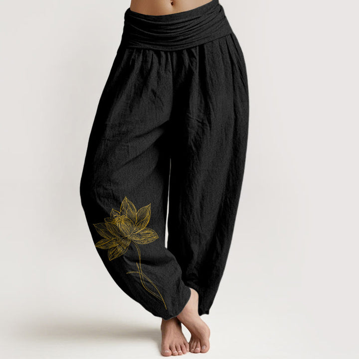 Buddha Stones Pantaloni harem da donna in puro cotone con elastico in vita e motivo a fiori di loto - Nero - US16, UK/AU20, EU48 (3XL) - image 0