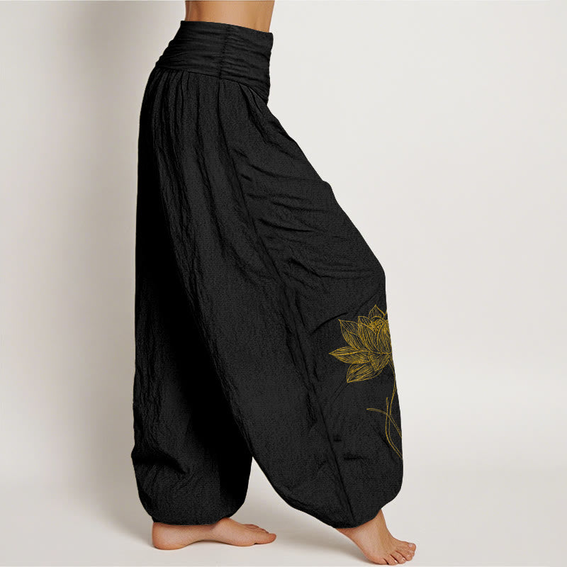 Buddha Stones Pantaloni harem da donna in puro cotone con elastico in vita e motivo a fiori di loto - image 2