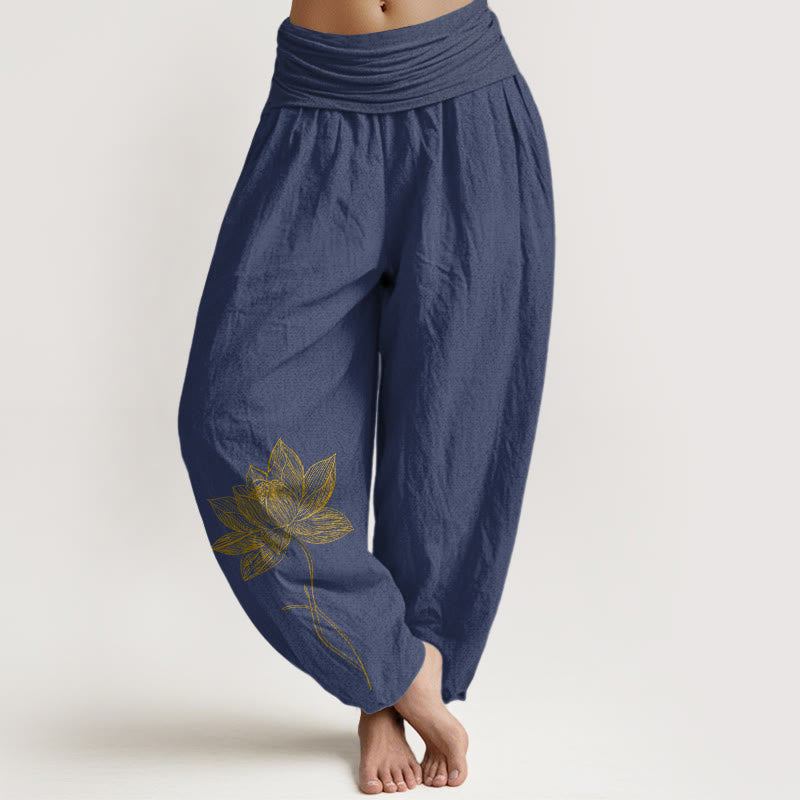 Buddha Stones Pantaloni harem da donna in puro cotone con elastico in vita e motivo a fiori di loto - DarkSlateBlue - US16, UK/AU20, EU48 (3XL) - image 5