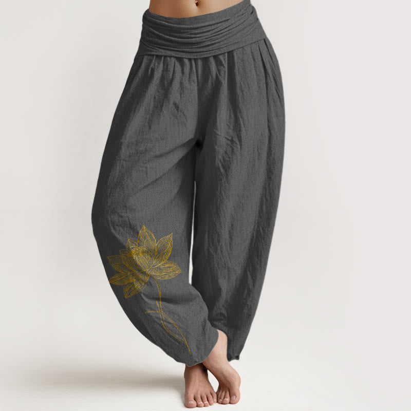 Buddha Stones Pantaloni harem da donna in puro cotone con elastico in vita e motivo a fiori di loto - Grigio scuro - US16, UK/AU20, EU48 (3XL) - image 8