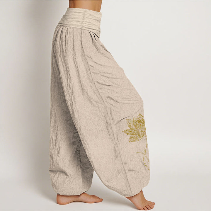 Buddha Stones Pantaloni harem da donna in puro cotone con elastico in vita e motivo a fiori di loto - image 13