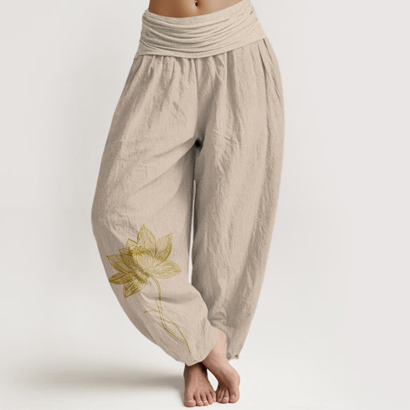 Buddha Stones Pantaloni harem da donna in puro cotone con elastico in vita e motivo a fiori di loto - Abbronzatura - US16, UK/AU20, EU48 (3XL) - image 11