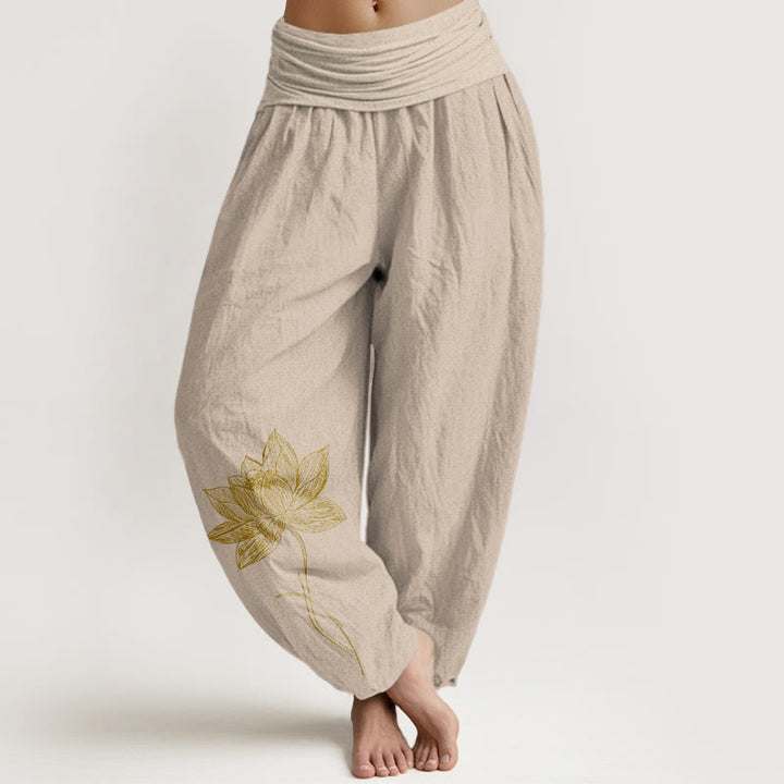 Buddha Stones Pantaloni harem da donna in puro cotone con elastico in vita e motivo a fiori di loto - Abbronzatura - US16, UK/AU20, EU48 (3XL) - image 11
