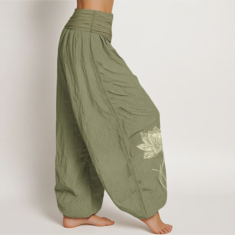 Buddha Stones Pantaloni harem da donna in puro cotone con elastico in vita e motivo a fiori di loto - image 16