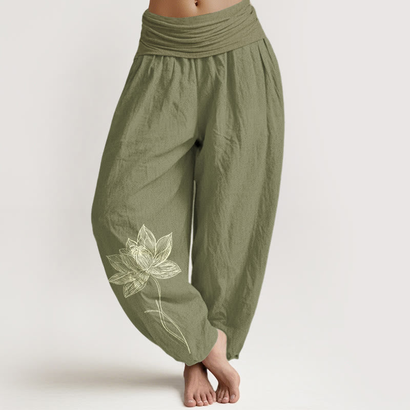 Buddha Stones Pantaloni harem da donna in puro cotone con elastico in vita e motivo a fiori di loto - Verde oliva - US16, UK/AU20, EU48 (3XL) - image 14