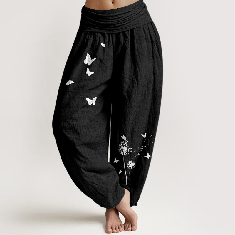 Buddha Stones Pantaloni harem da donna in puro cotone con elastico in vita e motivo a farfalla e tarassaco - Nero - US16, UK/AU20, EU48 (3XL) - image 0