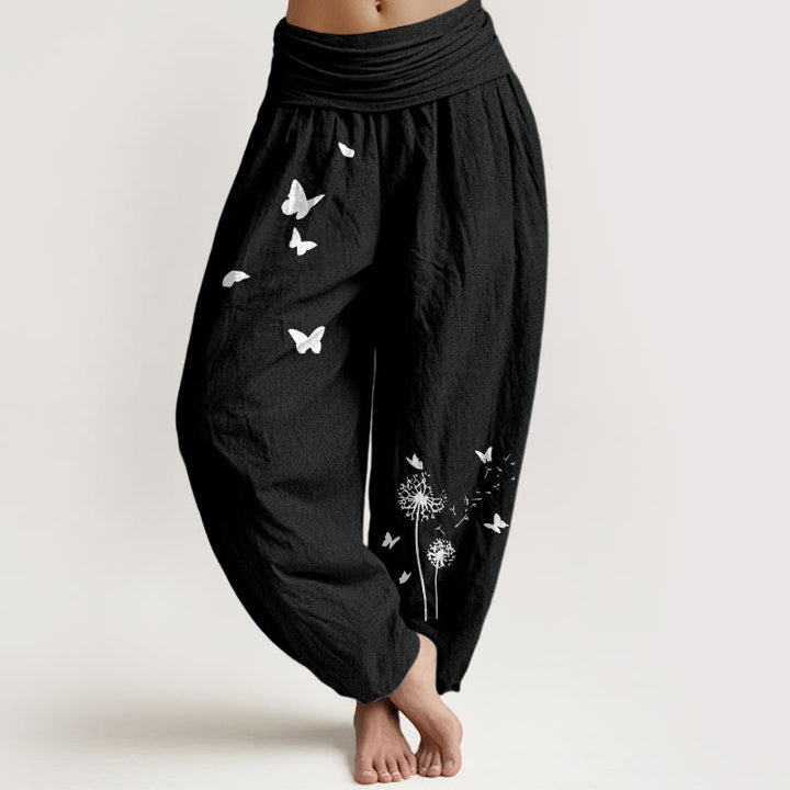 Buddha Stones Pantaloni harem da donna in puro cotone con elastico in vita e motivo a farfalla e tarassaco - Nero - US16, UK/AU20, EU48 (3XL) - image 0