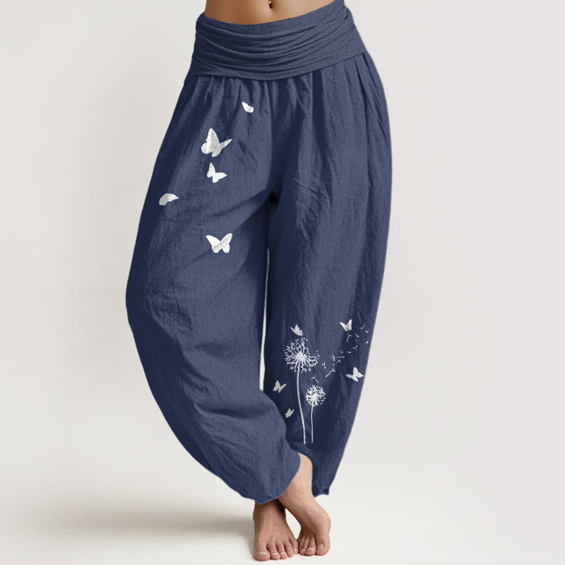 Buddha Stones Pantaloni harem da donna in puro cotone con elastico in vita e motivo a farfalla e tarassaco - Blu ardesia scuro - US16, UK/AU20, EU48 (3XL) - image 5