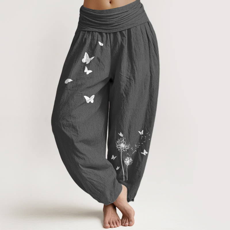Buddha Stones Pantaloni harem da donna in puro cotone con elastico in vita e motivo a farfalla e tarassaco - Grigio tenue - US16, UK/AU20, EU48 (3XL) - image 8