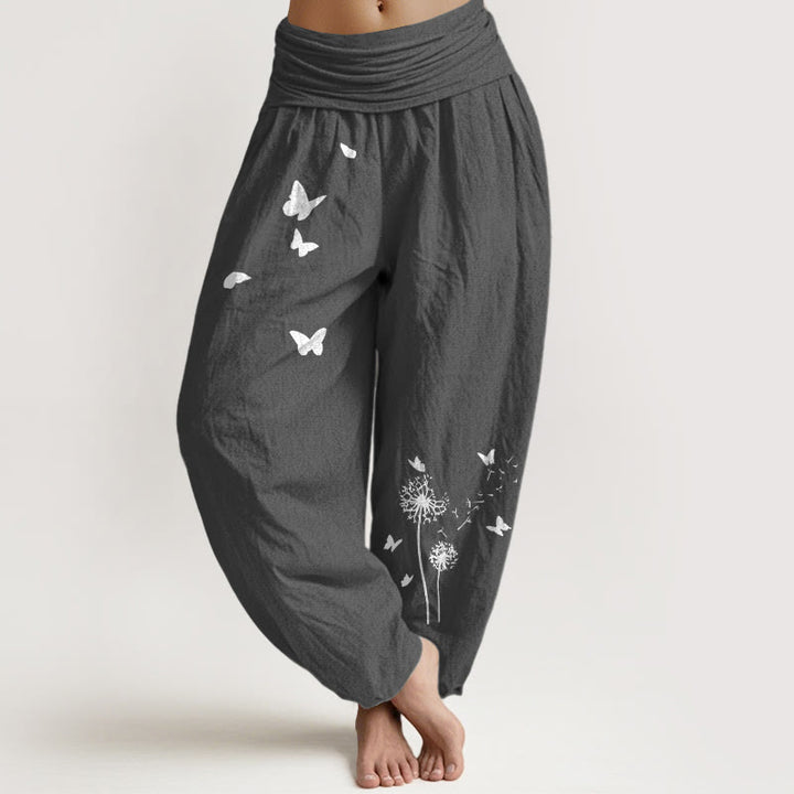 Buddha Stones Pantaloni harem da donna in puro cotone con elastico in vita e motivo a farfalla e tarassaco - Grigio tenue - US16, UK/AU20, EU48 (3XL) - image 8
