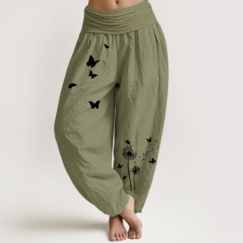 Buddha Stones Pantaloni harem da donna in puro cotone con elastico in vita e motivo a farfalla e tarassaco - Verde oliva - US16, UK/AU20, EU48 (3XL) - image 14