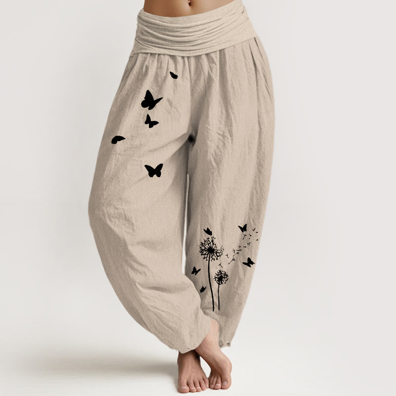 Buddha Stones Pantaloni harem da donna in puro cotone con elastico in vita e motivo a farfalla e tarassaco - Tan - US16, UK/AU20, EU48 (3XL) - image 11