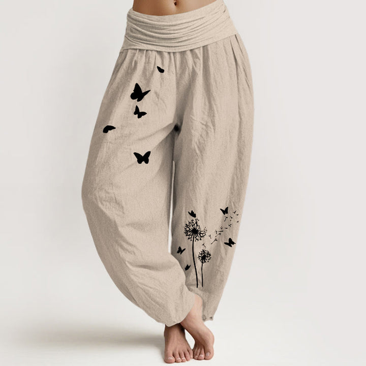 Buddha Stones Pantaloni harem da donna in puro cotone con elastico in vita e motivo a farfalla e tarassaco - Tan - US16, UK/AU20, EU48 (3XL) - image 11