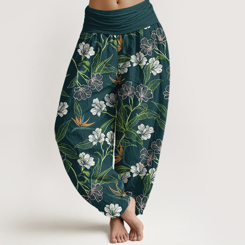 Buddha Stones Pantaloni harem da donna con elastico in vita e motivo a fiori e foglie in cotone a contrasto di colori - Verde acqua - US16, UK/AU20, EU48 (3XL) - image 0