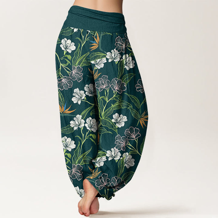 Buddha Stones Pantaloni harem da donna con elastico in vita e motivo a fiori e foglie in cotone a contrasto di colori - image 1