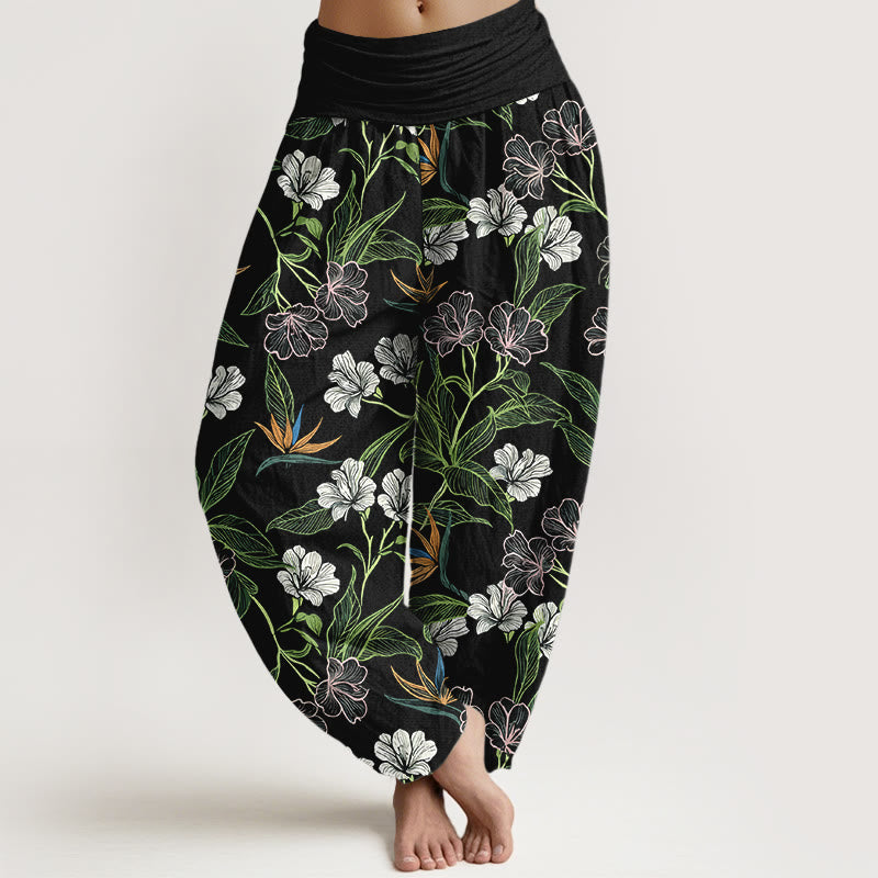 Buddha Stones Pantaloni harem da donna con elastico in vita e motivo a fiori e foglie in cotone a contrasto di colori - Nero - US16, UK/AU20, EU48 (3XL) - image 5