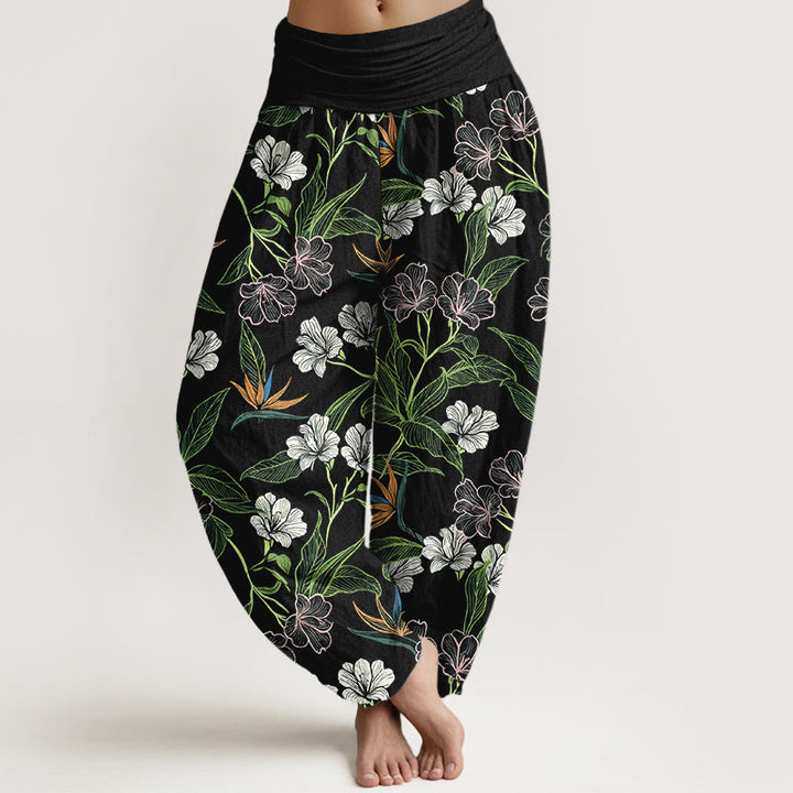 Buddha Stones Pantaloni harem da donna con elastico in vita e motivo a fiori e foglie in cotone a contrasto di colori - Nero - US16, UK/AU20, EU48 (3XL) - image 5