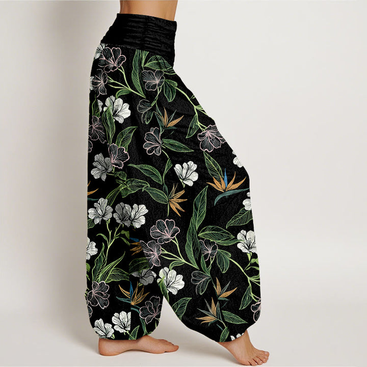 Buddha Stones Pantaloni harem da donna con elastico in vita e motivo a fiori e foglie in cotone a contrasto di colori - image 7