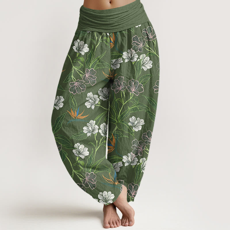 Buddha Stones Pantaloni harem da donna con elastico in vita e motivo a fiori e foglie in cotone a contrasto di colori - Verde oliva - US16, UK/AU20, EU48 (3XL) - image 8