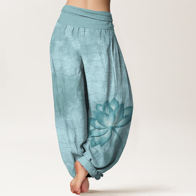 Buddha Stones Pantaloni harem da donna in cotone con elastico in vita e motivo a linee ondulate di loto di colore chiaro - image 1
