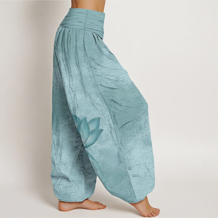 Buddha Stones Pantaloni harem da donna in cotone con elastico in vita e motivo a linee ondulate di loto di colore chiaro - image 2