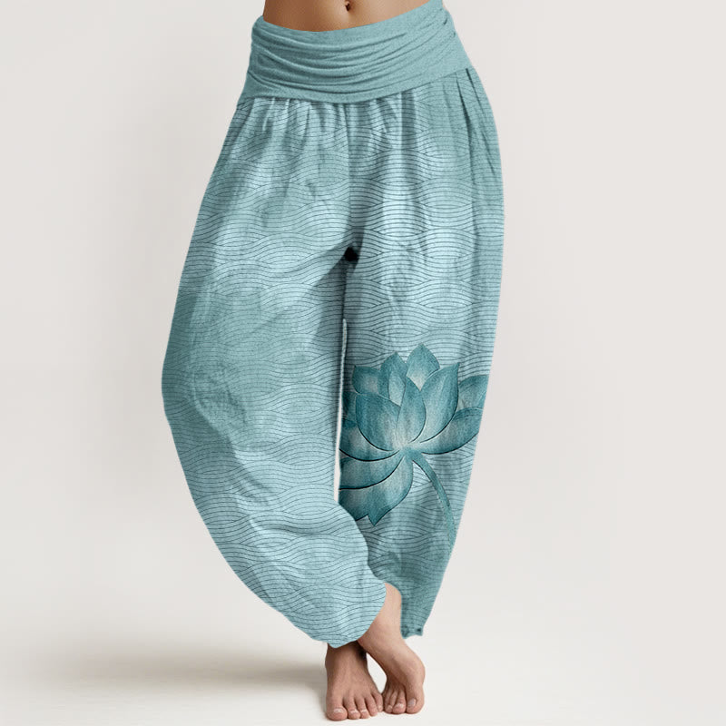 Buddha Stones Pantaloni harem da donna in cotone con elastico in vita e motivo a linee ondulate di loto di colore chiaro - Cielo Blu - US16, UK/AU20, EU48 (3XL) - image 0