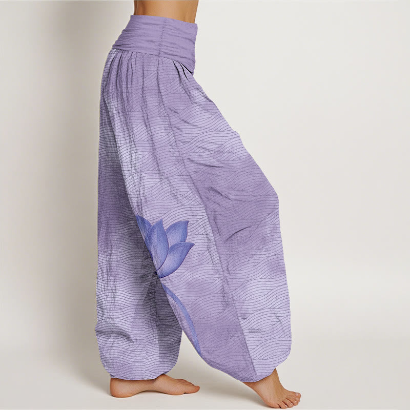 Buddha Stones Pantaloni harem da donna in cotone con elastico in vita e motivo a linee ondulate di loto di colore chiaro - image 7