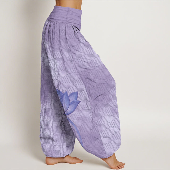 Buddha Stones Pantaloni harem da donna in cotone con elastico in vita e motivo a linee ondulate di loto di colore chiaro - image 7