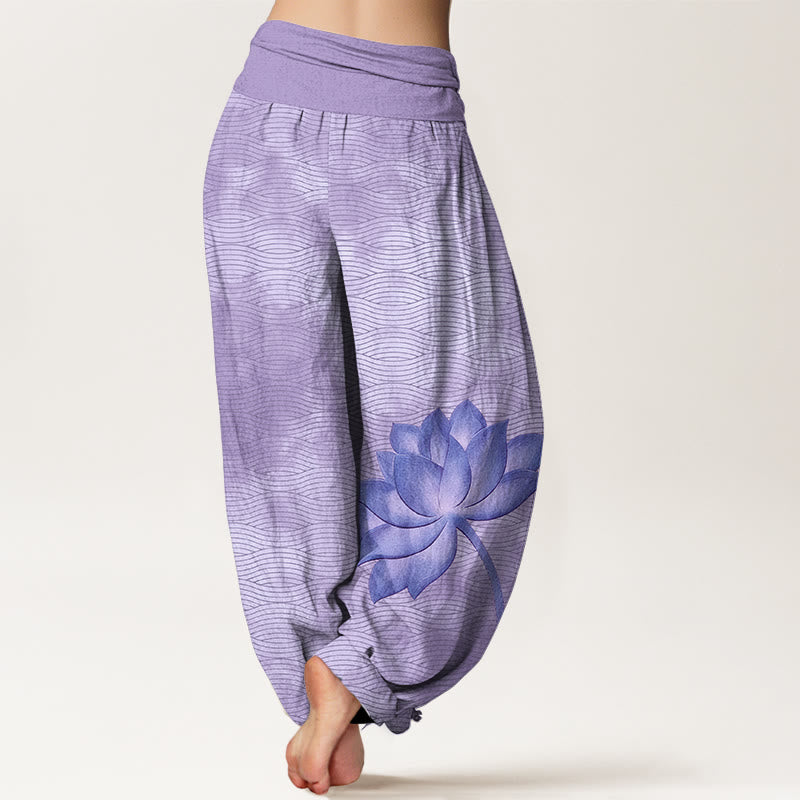 Buddha Stones Pantaloni harem da donna in cotone con elastico in vita e motivo a linee ondulate di loto di colore chiaro - image 6