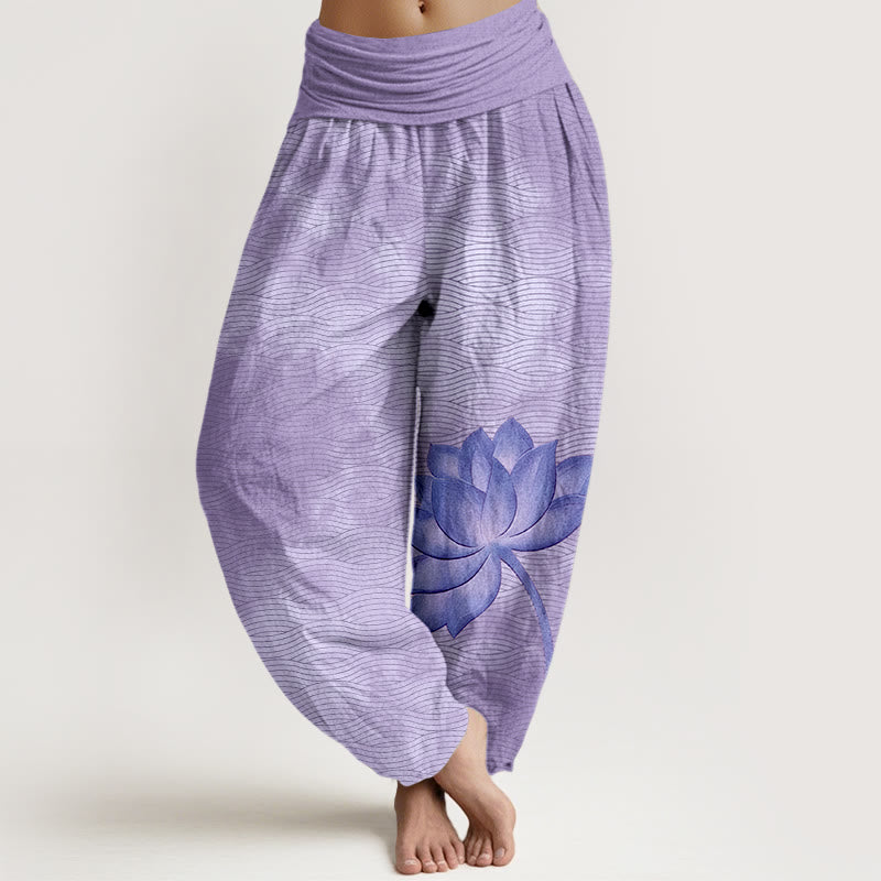 Buddha Stones Pantaloni harem da donna in cotone con elastico in vita e motivo a linee ondulate di loto di colore chiaro - Viola medio - US16, UK/AU20, EU48 (3XL) - image 5