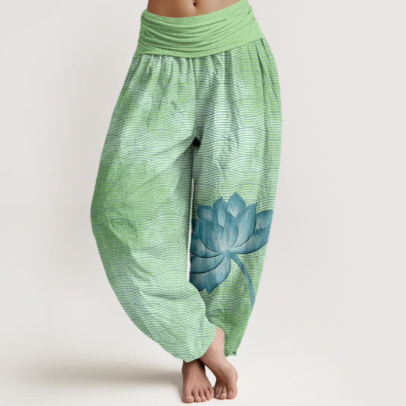 Buddha Stones Pantaloni harem da donna in cotone con elastico in vita e motivo a linee ondulate di loto di colore chiaro - Verde chiaro - US16, UK/AU20, EU48 (3XL) - image 8