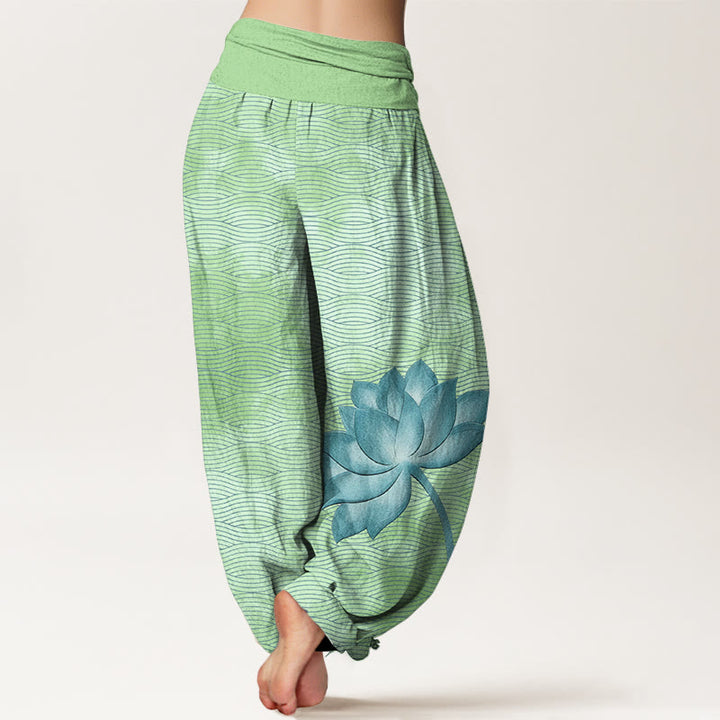 Buddha Stones Pantaloni harem da donna in cotone con elastico in vita e motivo a linee ondulate di loto di colore chiaro - image 9