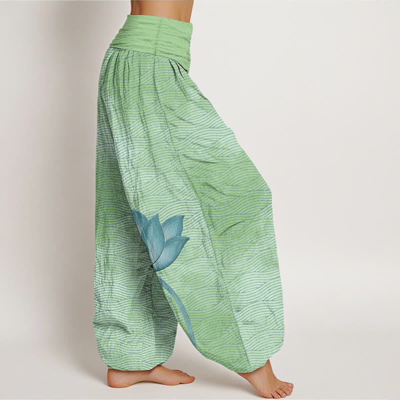 Buddha Stones Pantaloni harem da donna in cotone con elastico in vita e motivo a linee ondulate di loto di colore chiaro - image 10