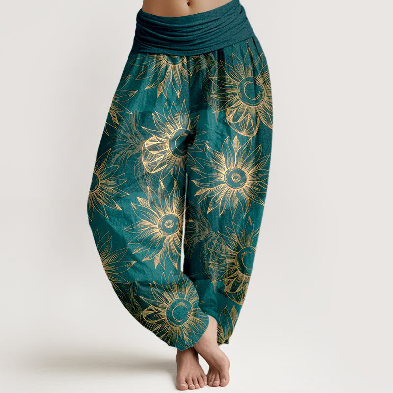 Buddha Stones Pantaloni harem da donna con elastico in vita e stampa floreale retrò in cotone - Ciano scuro - US16, UK/AU20, EU48 (3XL) - image 0