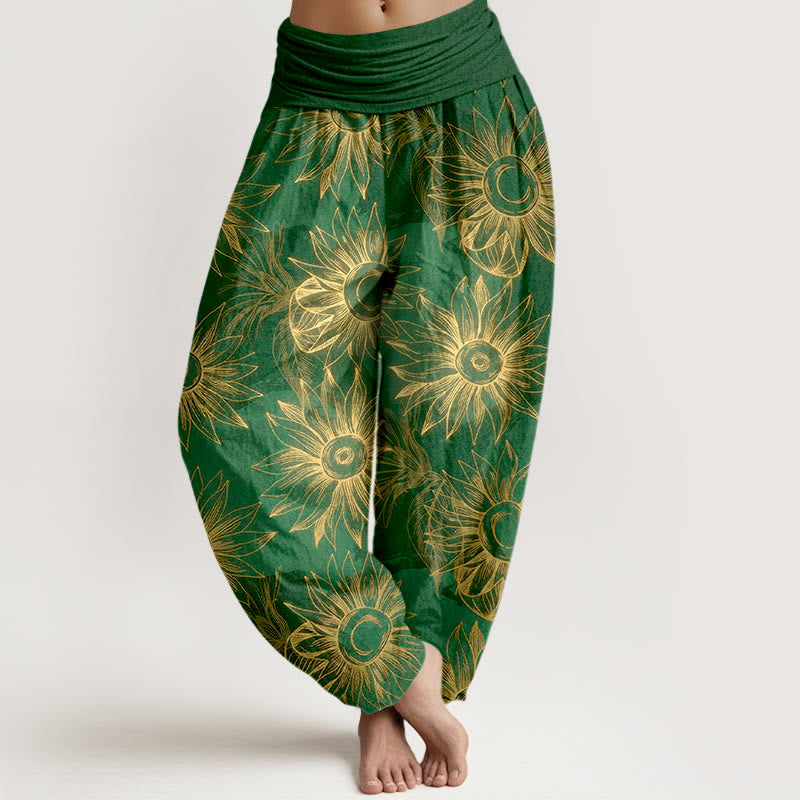 Buddha Stones Pantaloni harem da donna con elastico in vita e stampa floreale retrò in cotone - Verde - US16, UK/AU20, EU48 (3XL) - image 8