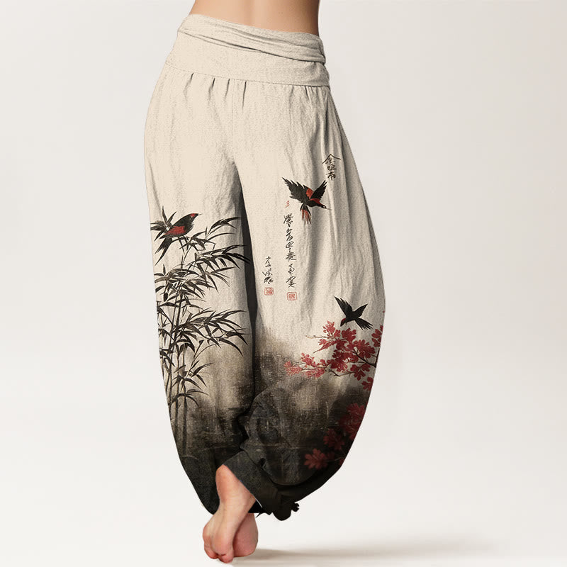 Buddha Stones Pantaloni harem da donna con elastico in vita, in cotone, con motivo floreale e uccelli di bambù - image 1