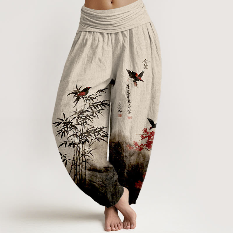Buddha Stones Pantaloni harem da donna con elastico in vita, in cotone, con motivo floreale e uccelli di bambù - Bianco antico - US16, UK/AU20, EU48 (3XL) - image 0