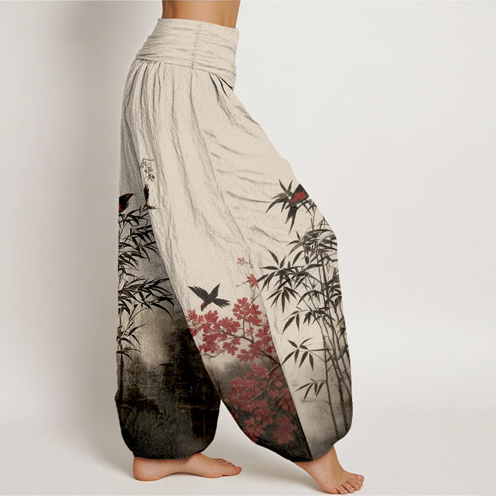 Buddha Stones Pantaloni harem da donna con elastico in vita, in cotone, con motivo floreale e uccelli di bambù - image 2