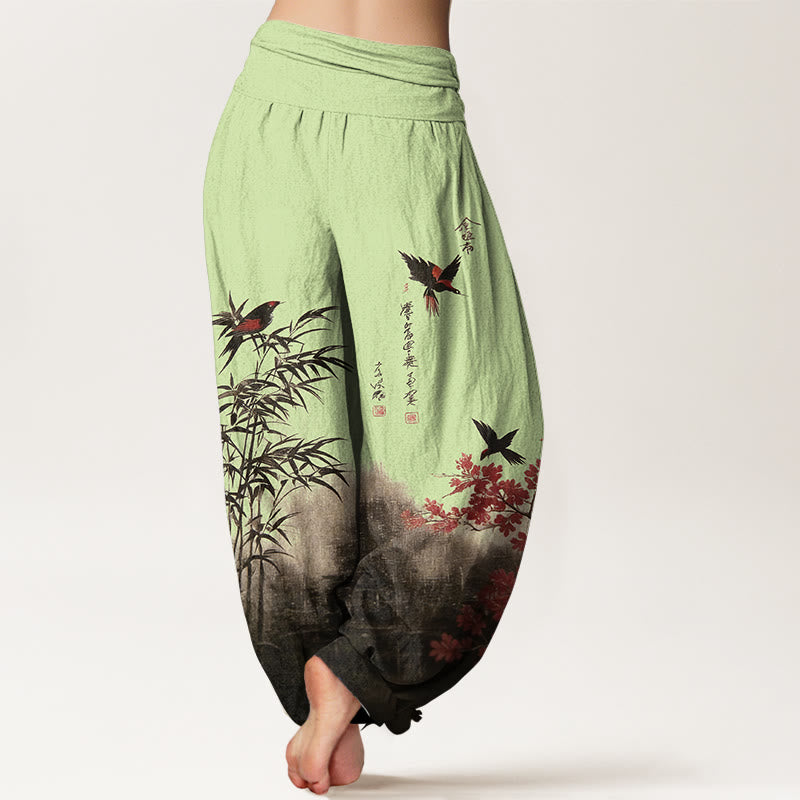 Buddha Stones Pantaloni harem da donna con elastico in vita, in cotone, con motivo floreale e uccelli di bambù - image 6